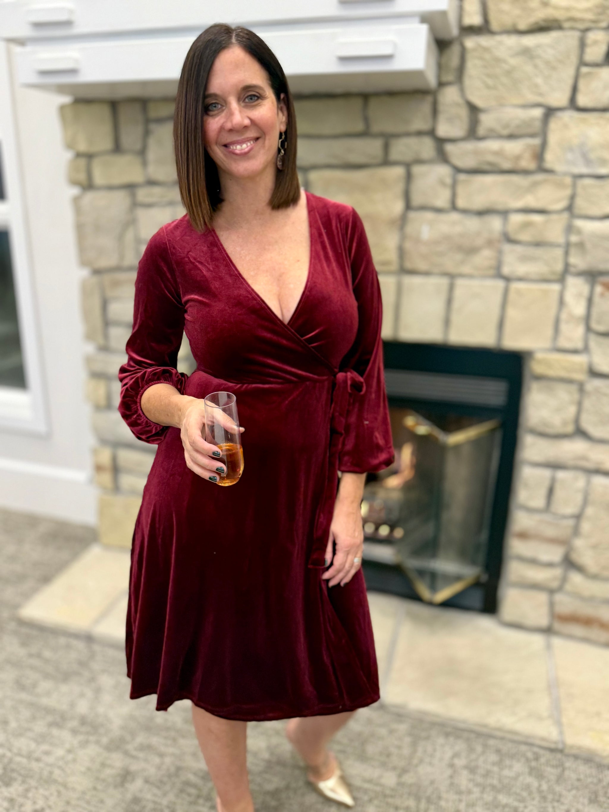 open lace back dress Kendra Red Velvet Wrap Dress