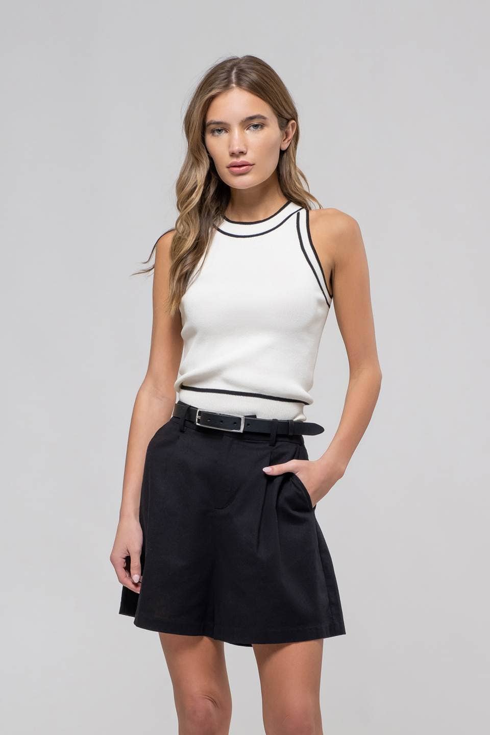 Contrast Stripe Sweater Knit Halter Top - Main Image